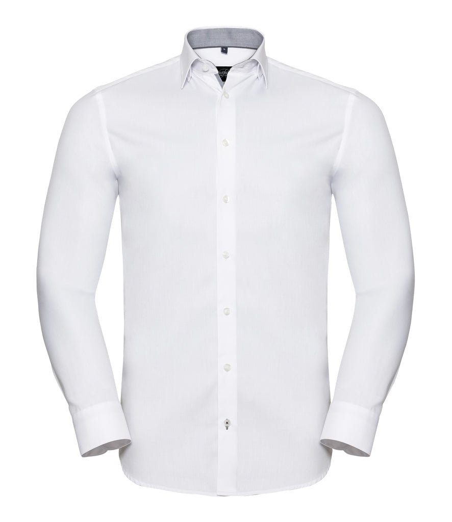 Russell Collection Long Sleeve Contrast Herringbone Shirt